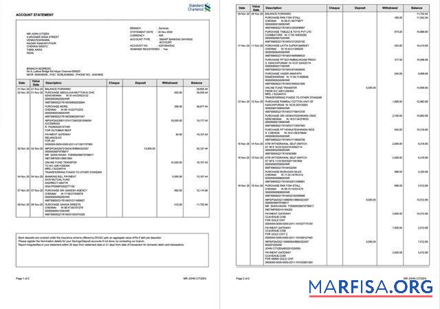 Realistic India Standard Chartered bank statement word 2 pages, version 2 example